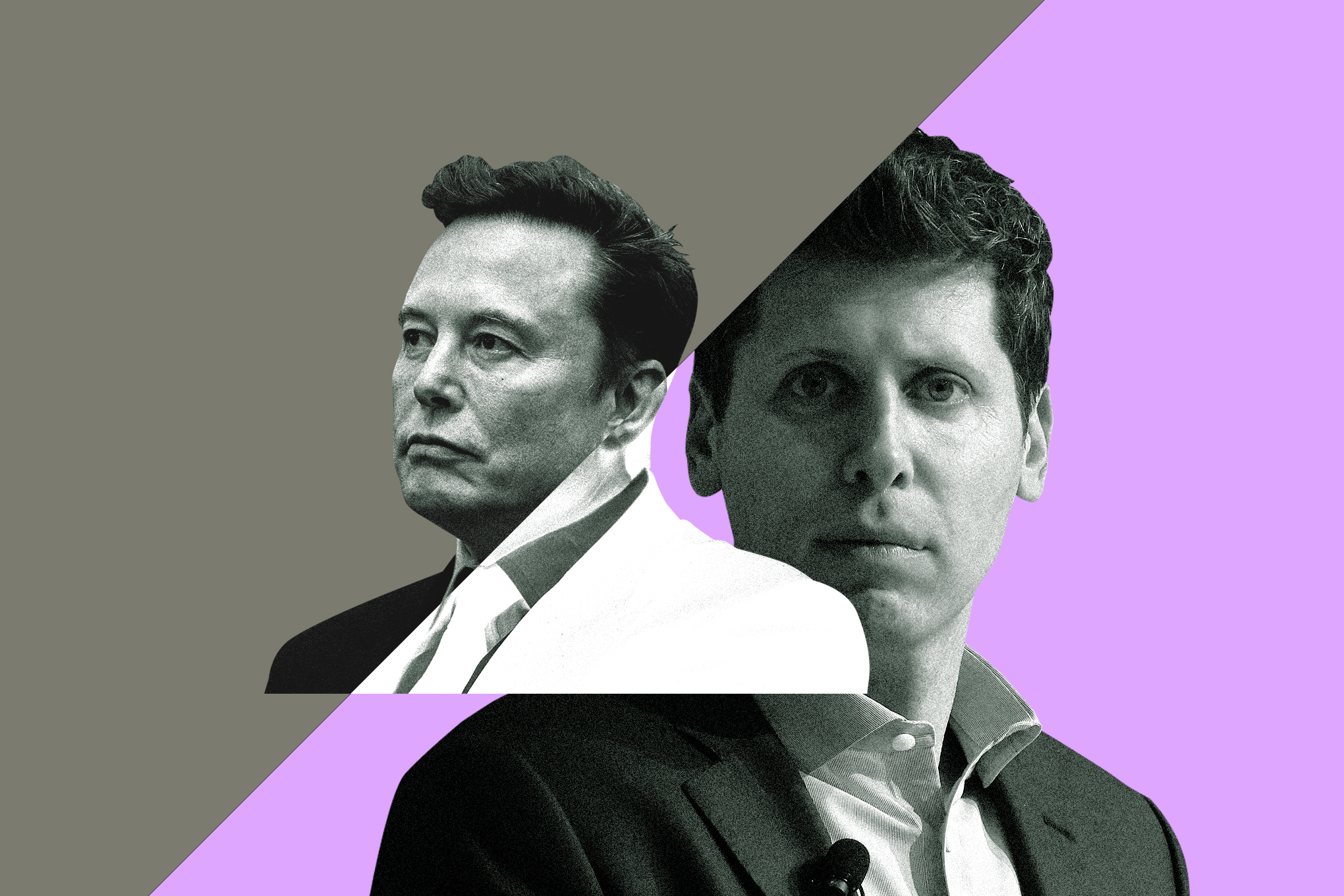 A split image showing Elon Musk and Sam Altman facing away from each other, with a gavel and legal documents in the foreground.
