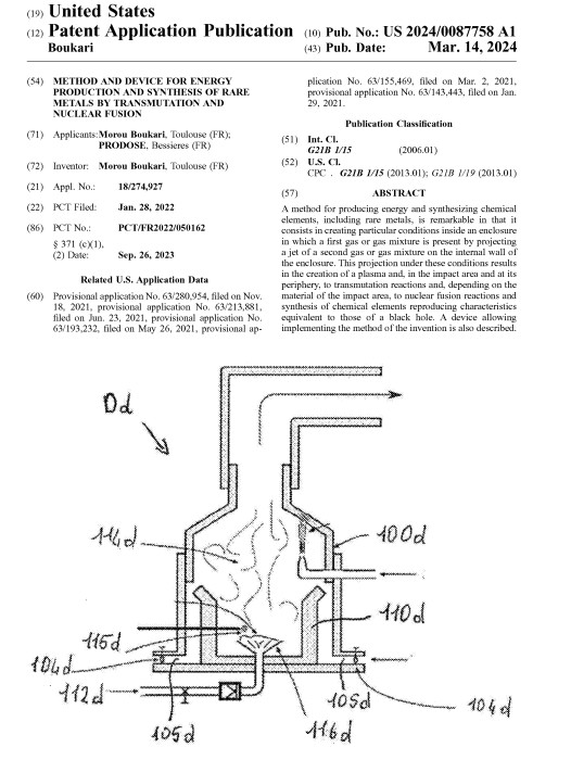 Illustration of a patent document with surreal elements like a time machine and black hole superimposed.