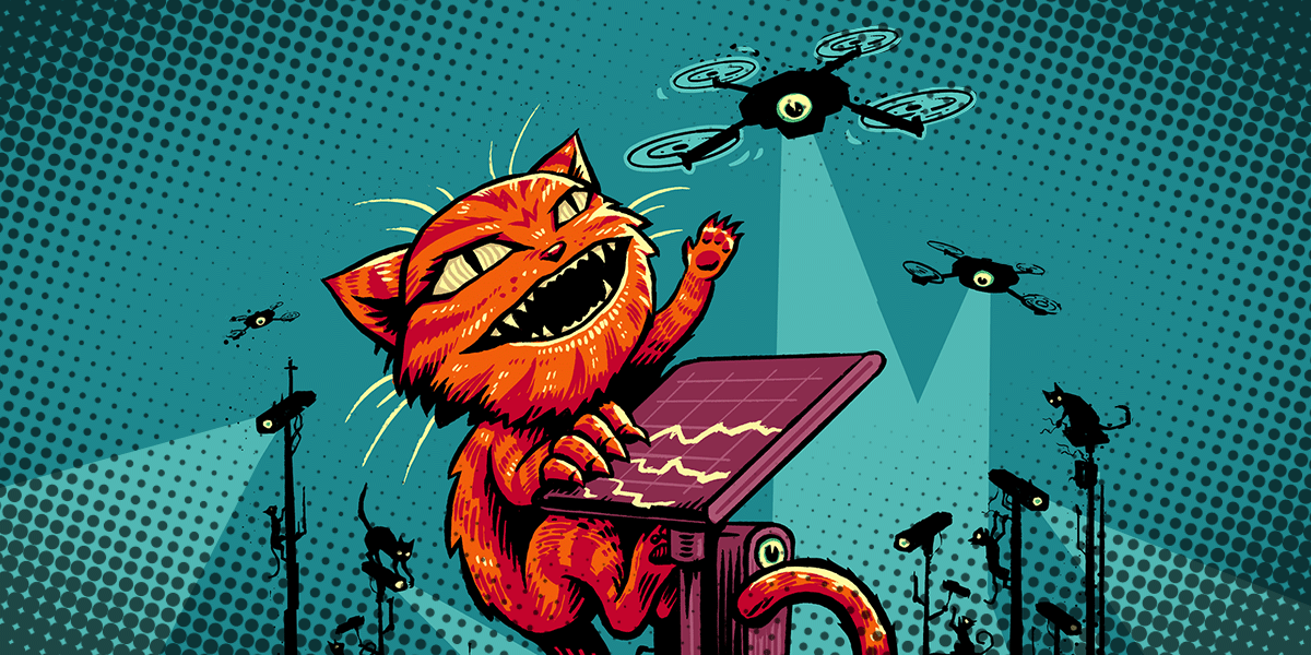 Illustration of a stylized orange figure swatting at a surveillance camera and drone, with text 'Claw Back Your Privacy'.