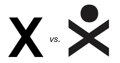 Side-by-side: Fuente's standard X mark vs. Vaporous's rotated stick-figure X design for vaporizers