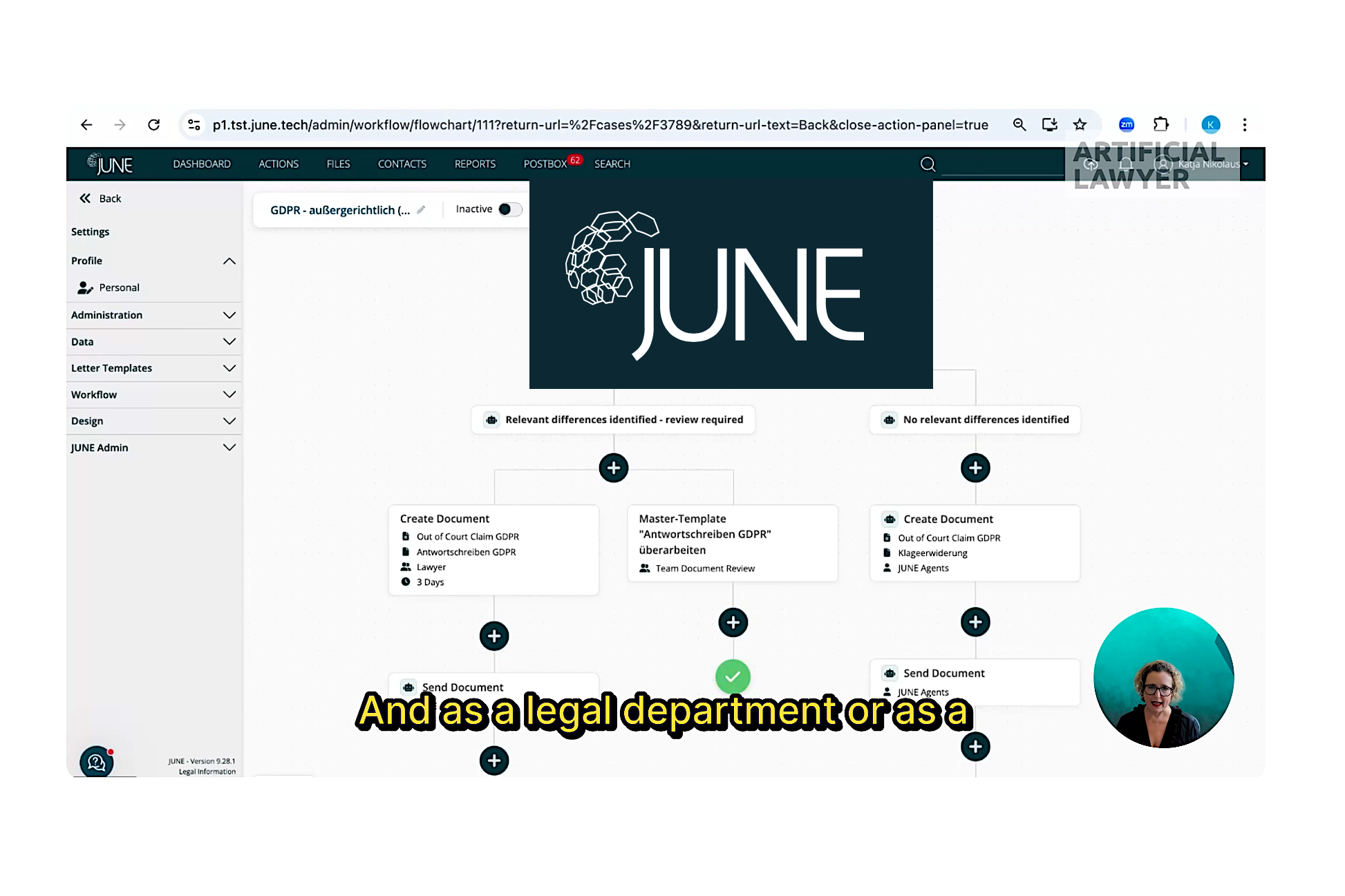 Screenshot from the June AI case management demo showing a dashboard with case statuses and AI agent activity.