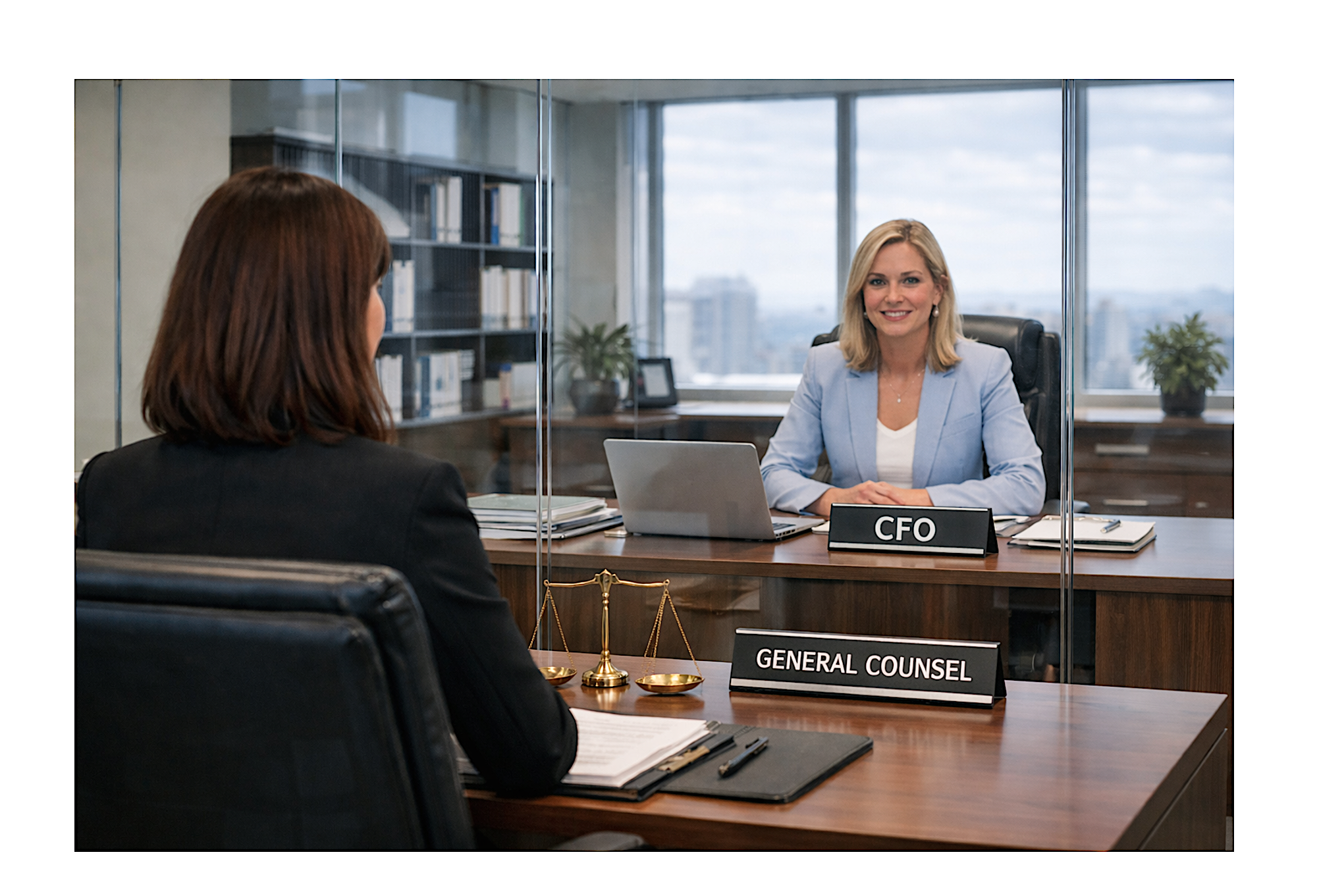 General counsel reviewing AI-analyzed contracts at a strategic board meeting with CFO