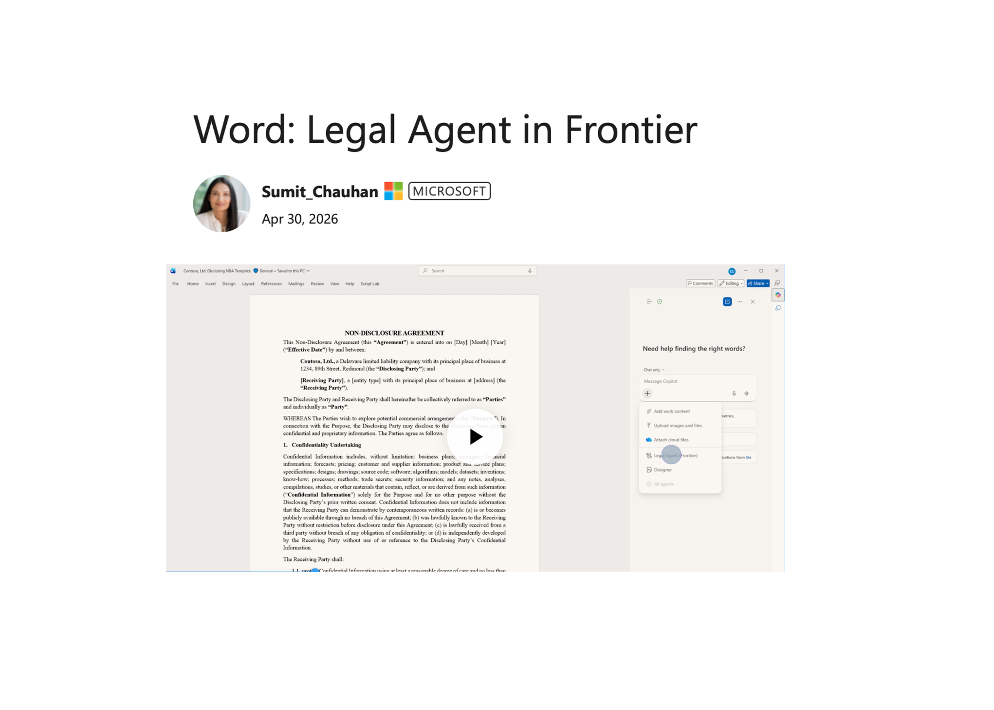 Microsoft Word interface with a Legal Agent pop-up window