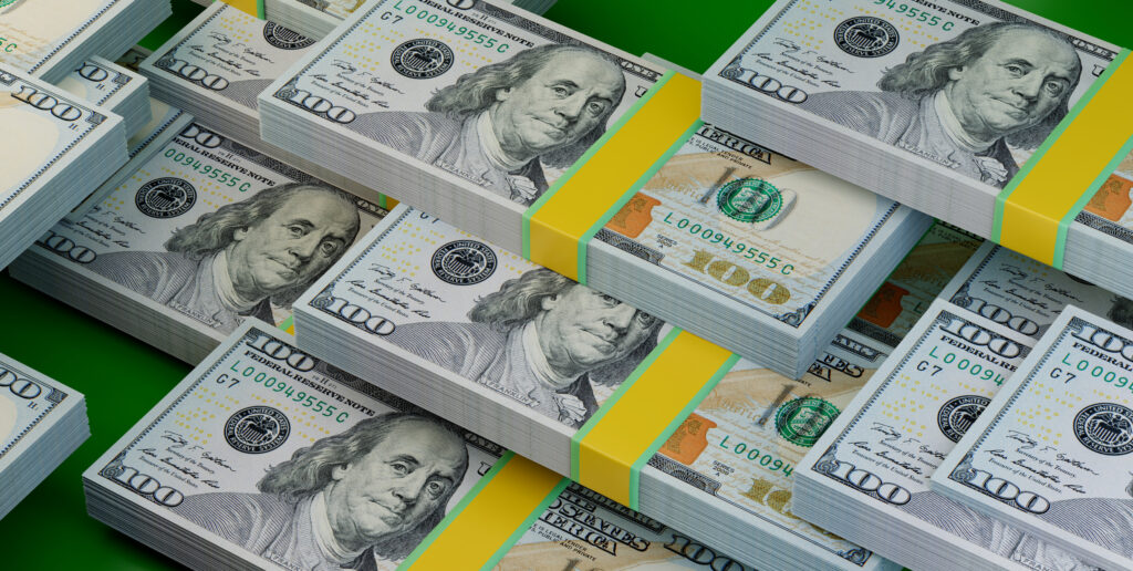 A graphic showing upward trending financial charts and graphs overlayed on a blurred image of a modern law office.