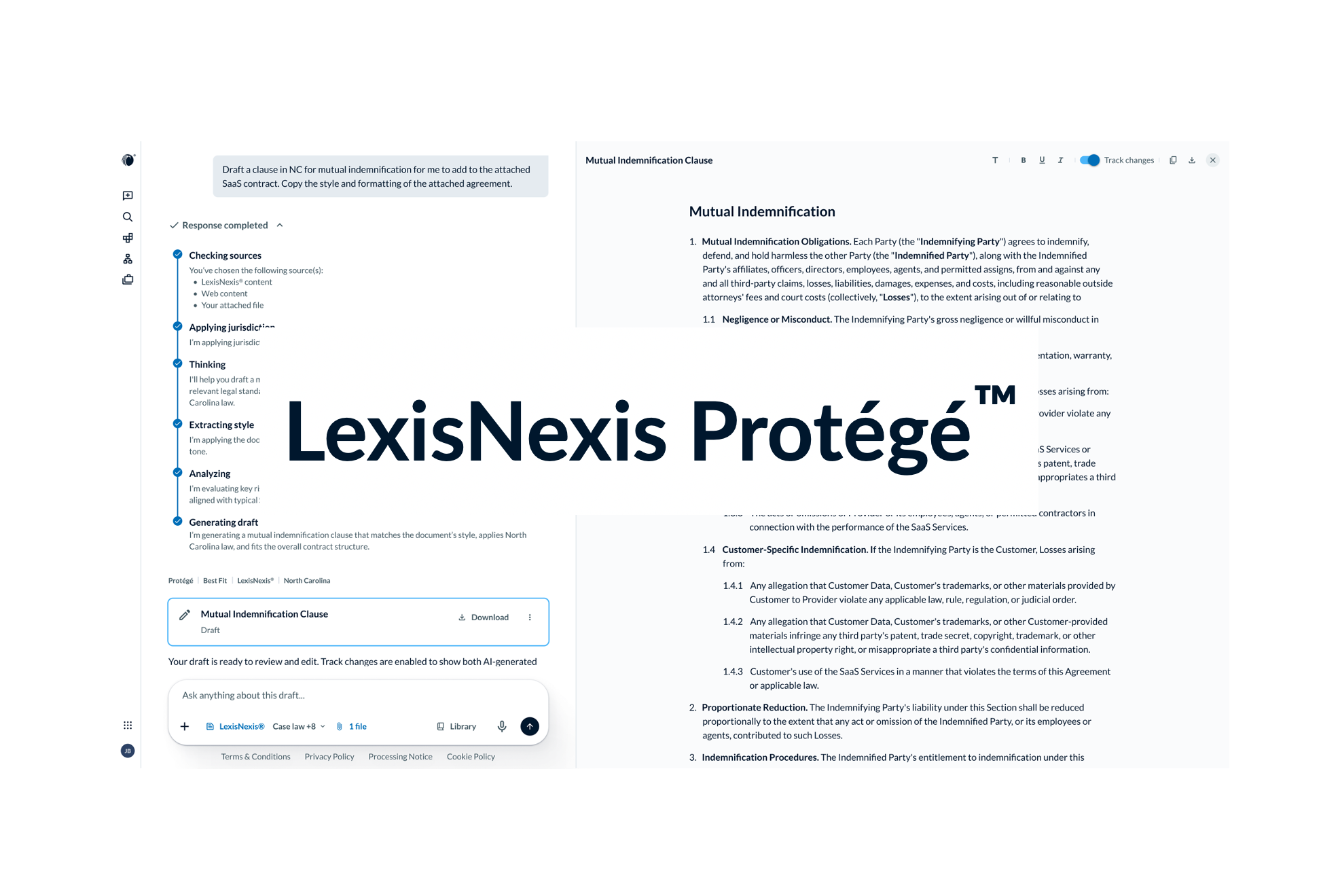 Screenshot of Lexis+ interface with Protégé Work features highlighted