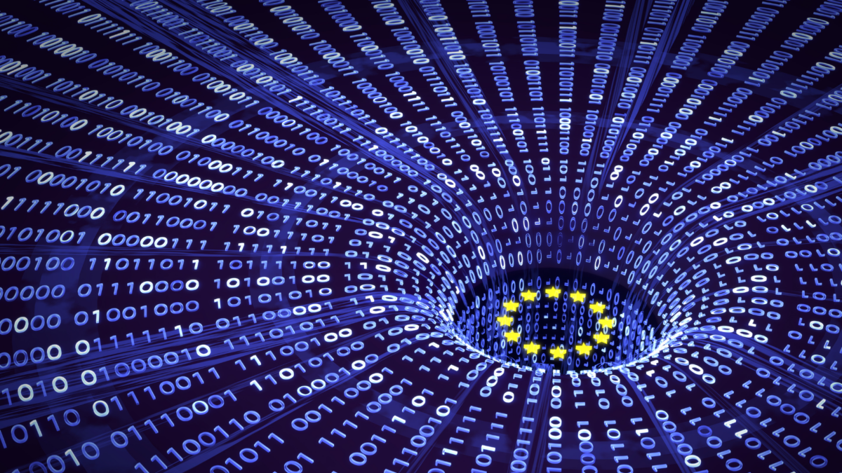 A graphic illustration depicting digital code transforming into harmful imagery, symbolizing the weaponization of AI.