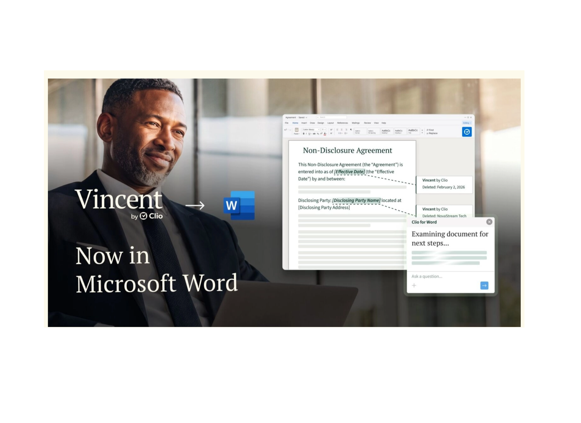 Screenshot of Clio for Word add-in interface within Microsoft Word.