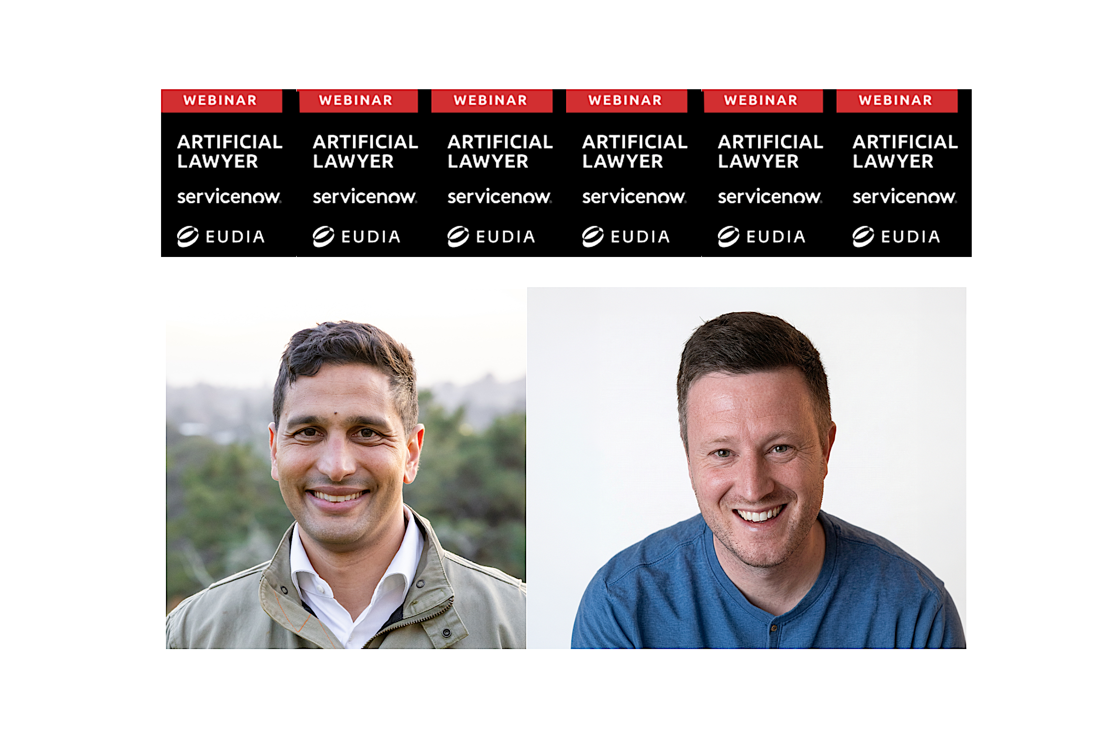 Eudia and ServiceNow logos integrated with AI brain graphic and webinar details