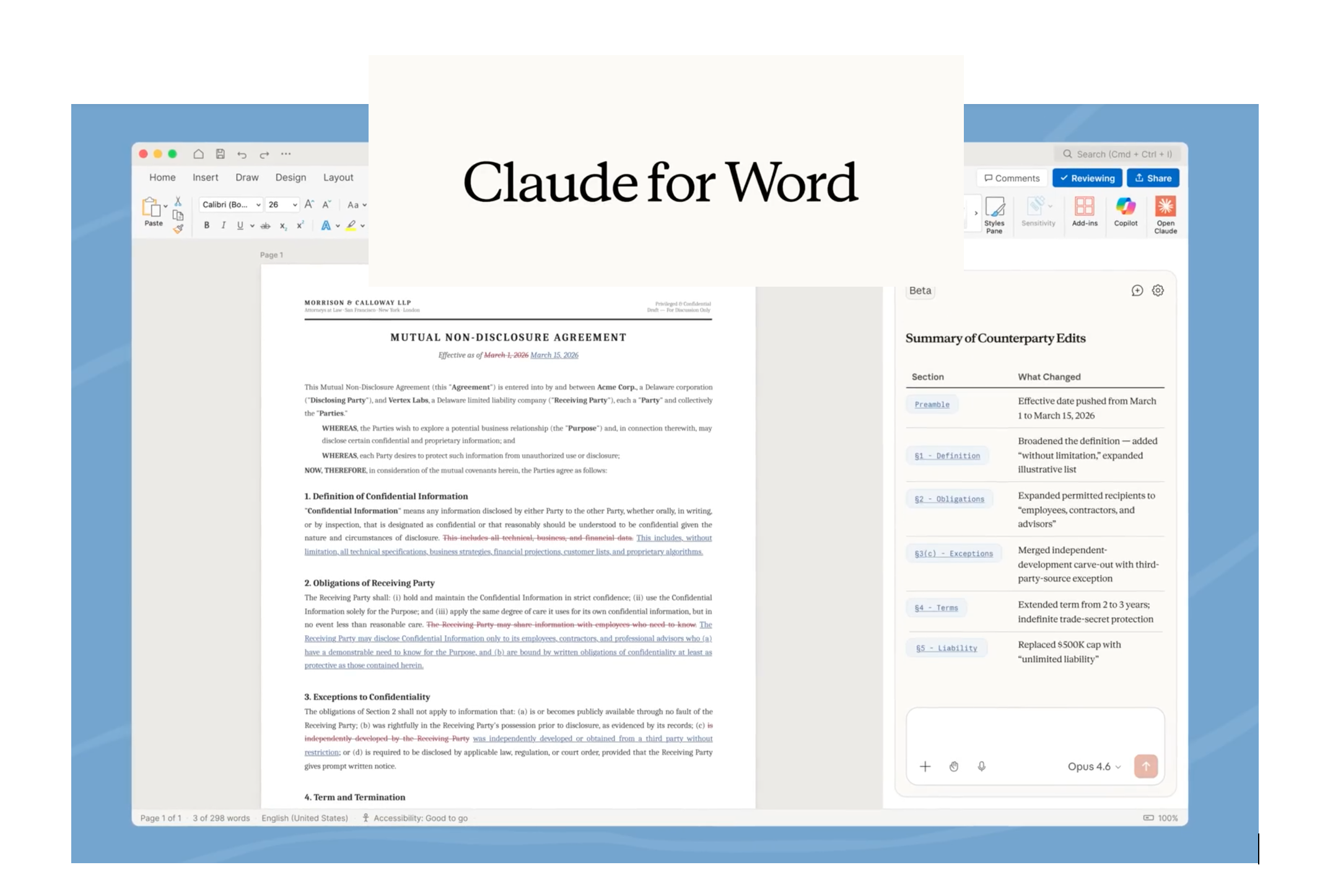 Claude AI sidebar in Microsoft Word reviewing a redlined NDA contract