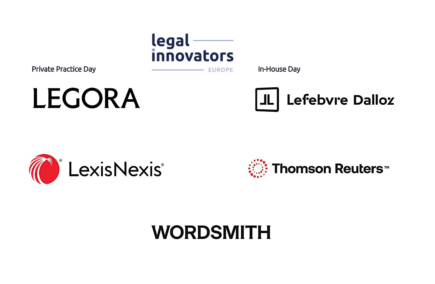 Attendees networking at a legal tech conference with sponsor logos visible.