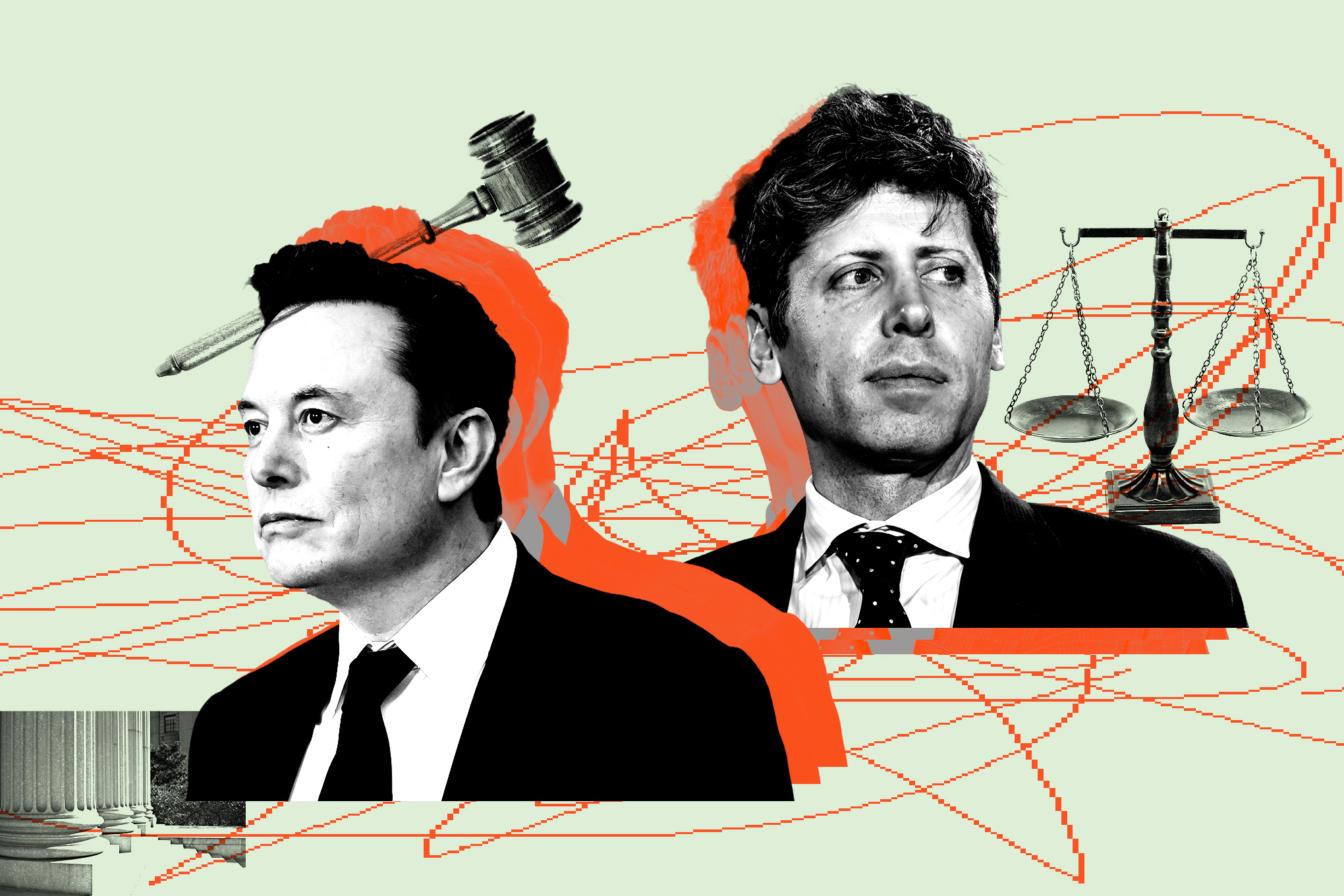 Elon Musk and Sam Altman facing each other in a courtroom setting.