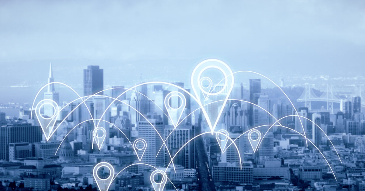 Virginia state capitol with digital map overlay showing location tracking pins