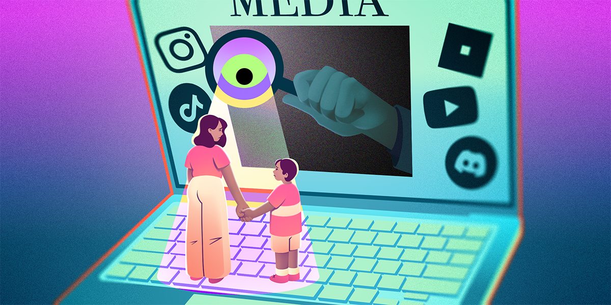 A split image showing a silhouette of a person with a digital lock overlay on one side and a group of diverse young people interacting on phones on the other.