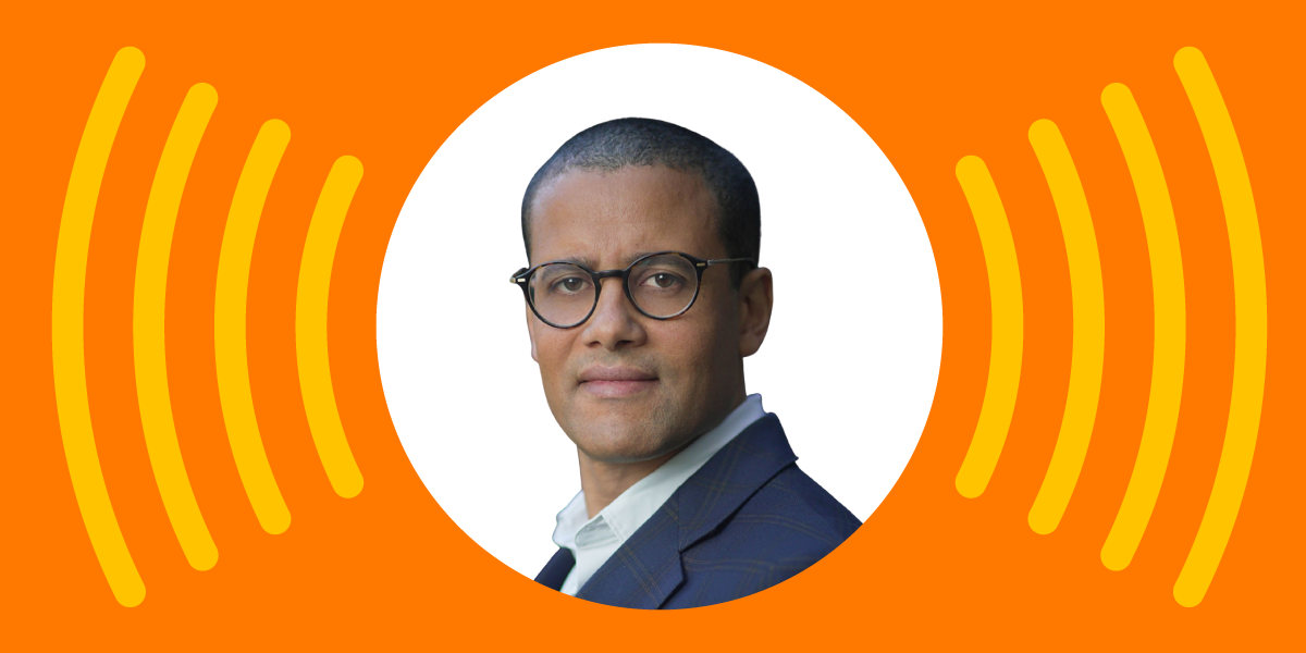 Jacob Mchangama speaking on free speech with Danish flag and AI censorship icons in background