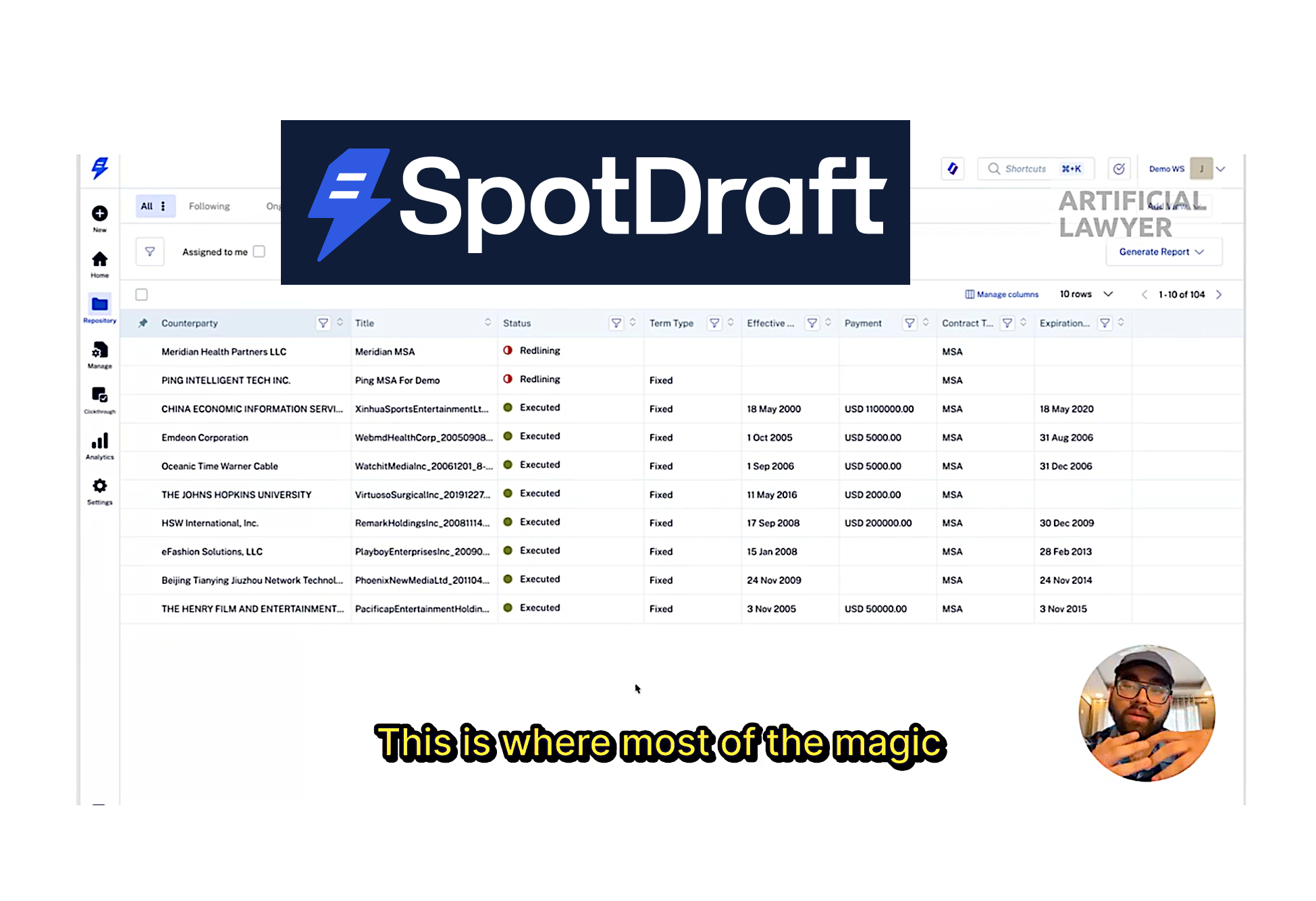 Screenshot of SpotDraft's AI-powered CLM platform interface showing contract data extraction and analysis features.