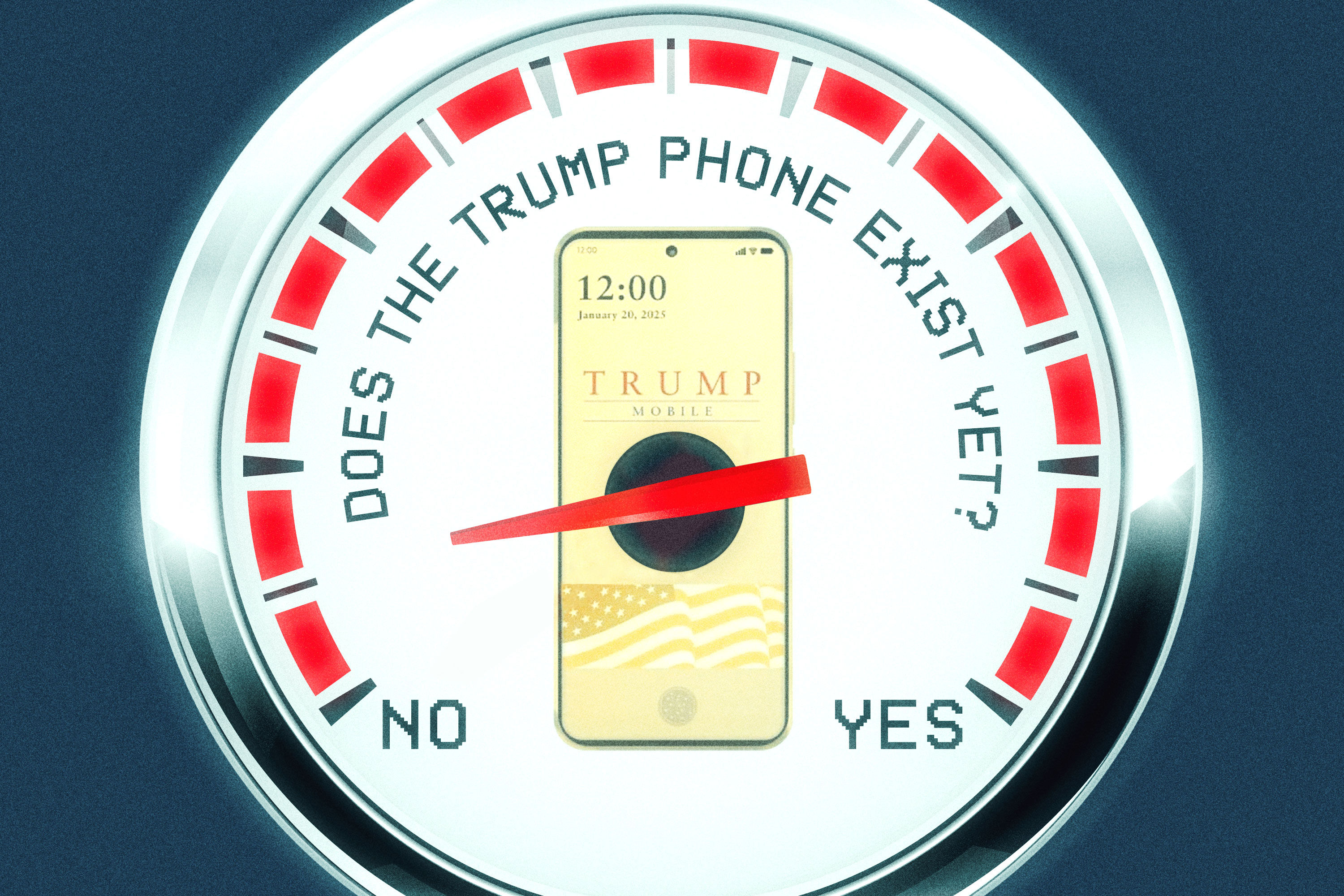 A hand holding a smartphone with a distorted American flag design, representing the Trump phone.