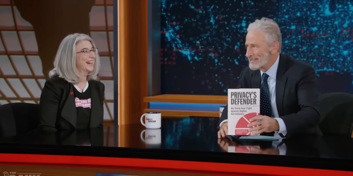 Cindy Cohn on The Daily Show discussing EFF's fight against digital surveillance
