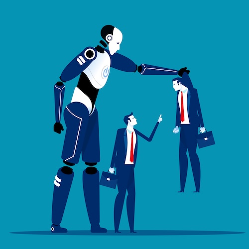 A stylized illustration depicting a patent attorney looking at a complex legal document with AI interfaces overlayed, representing the integration of AI into patent law.