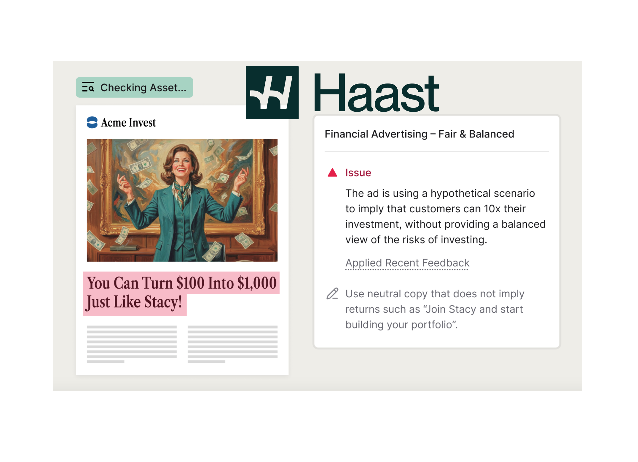 Haast AI compliance platform dashboard with funding announcement overlay