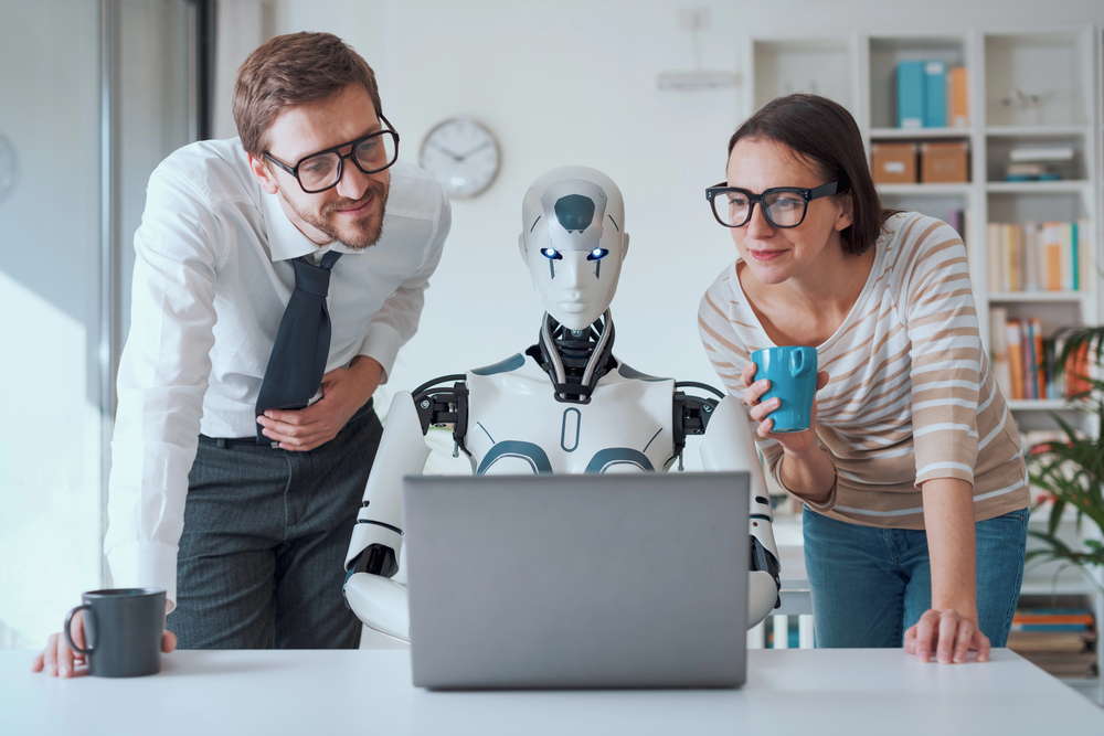 A patent attorney carefully reviews documents on a desk, with subtle digital AI interfaces overlaid on the paper.