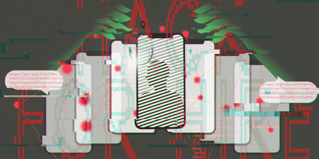 Digital shadows of hooded hackers targeting journalist icons on a Middle Eastern map