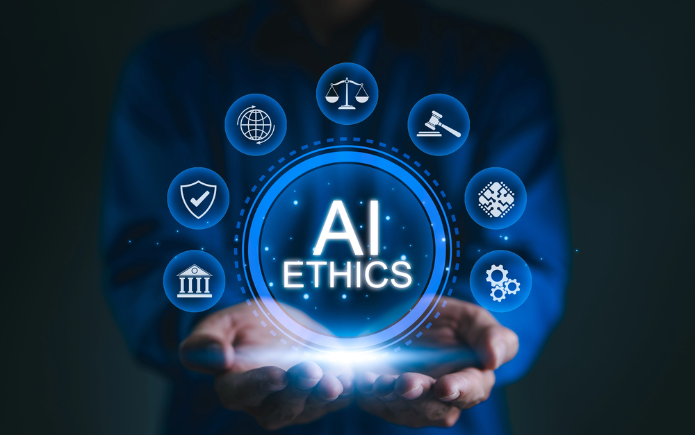 A person's hand holding a quill pen, poised over a document with digital circuit patterns superimposed.