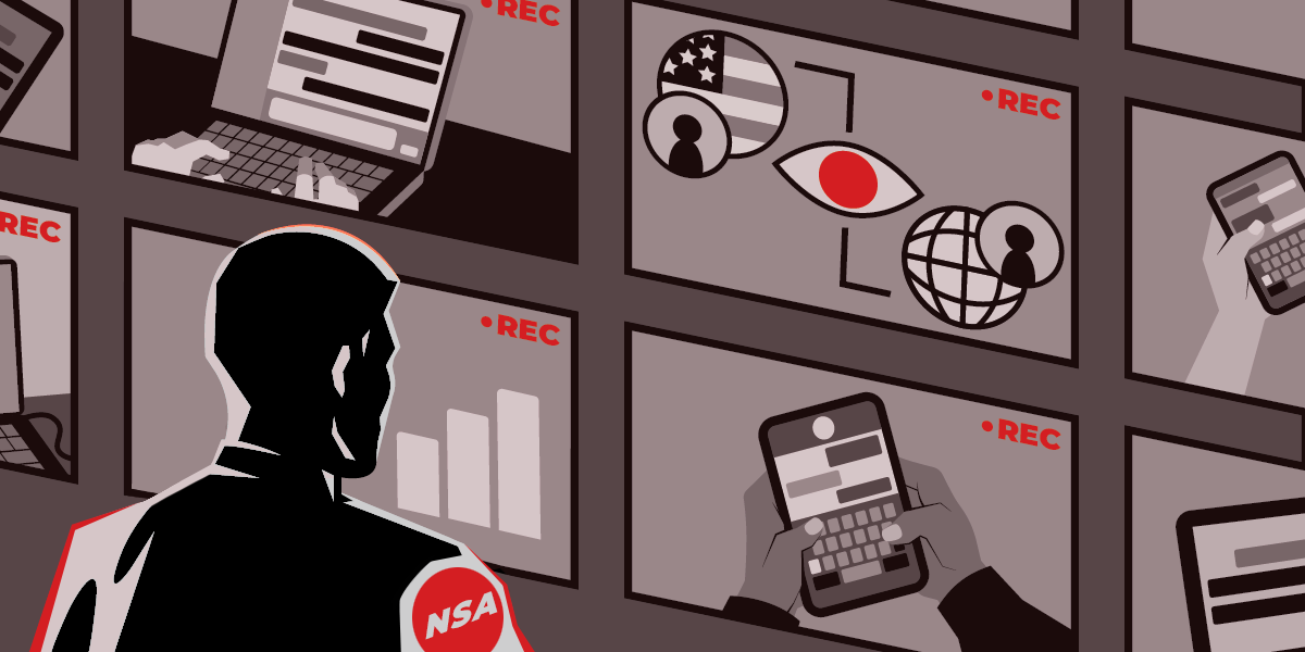 Mazza del giudice su icone di sorveglianza digitale con il Campidoglio sullo sfondo