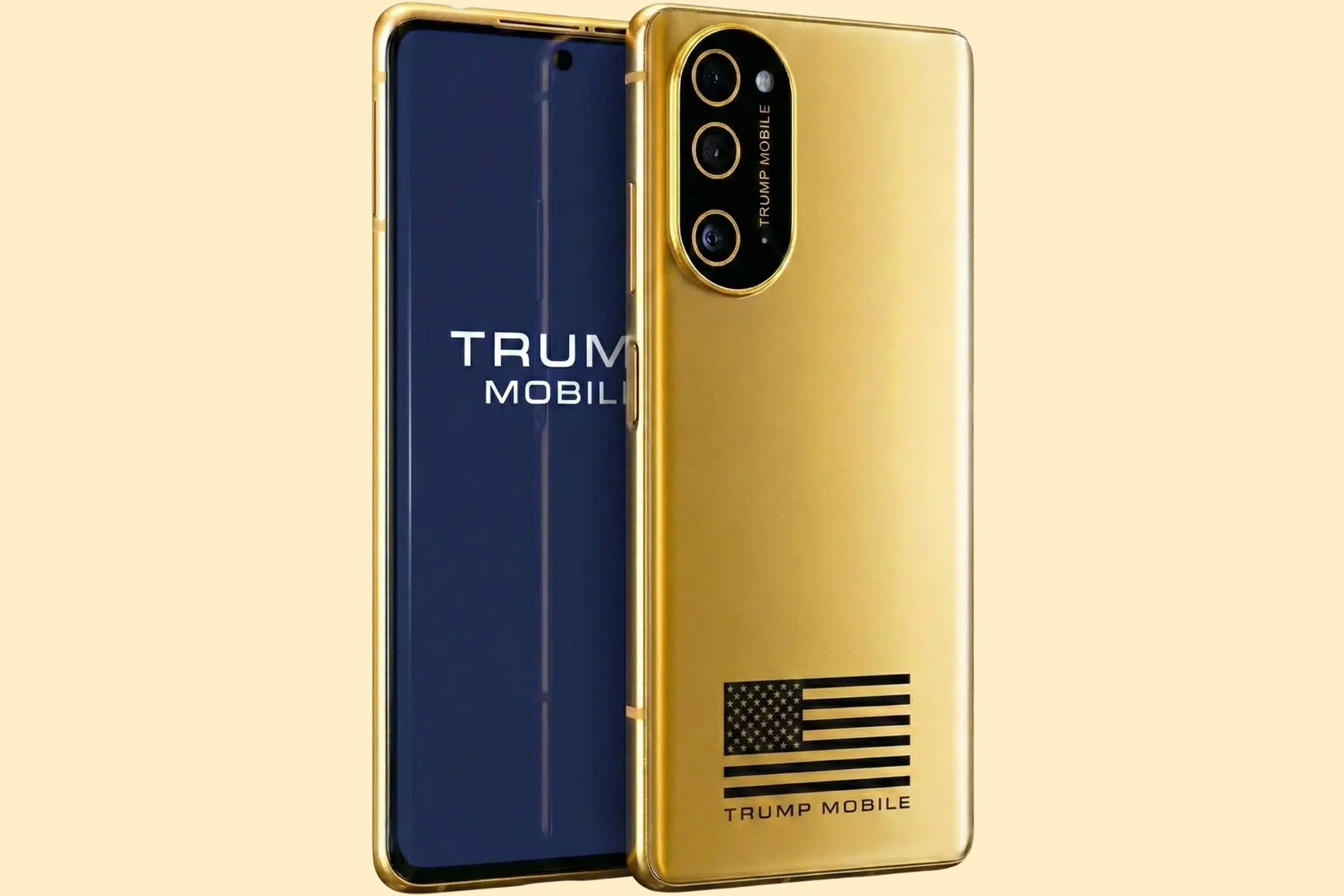 Promotional image of the Trump phone with its packaging, showing the phone, clear case, power brick, and gold USB-C cable.