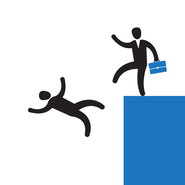 A graphic illustration of people walking out of an office building with suitcases.